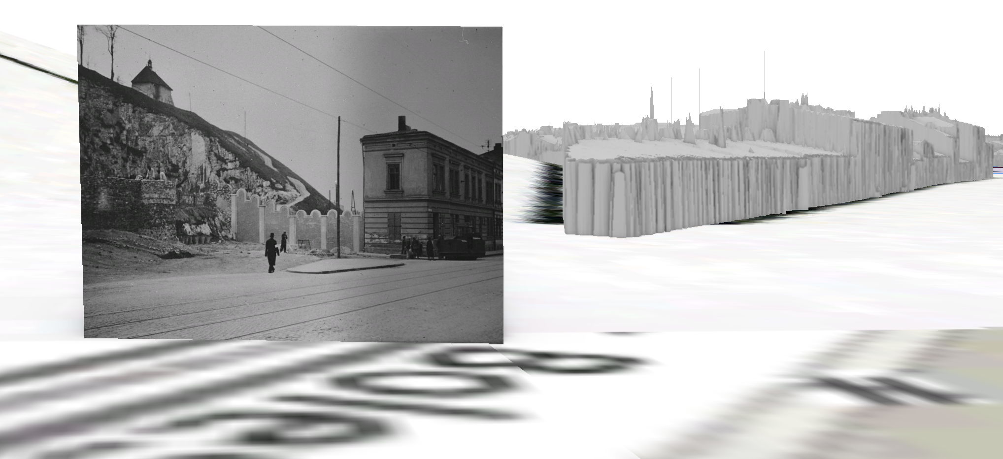 historic image juxtaposed with 3d buildings in the ghetto