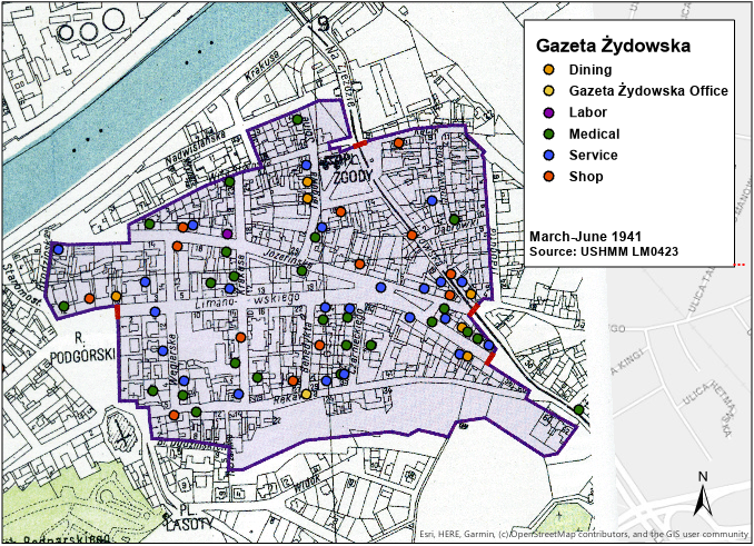 map with points plotted of businesses in the ghetto in 1941